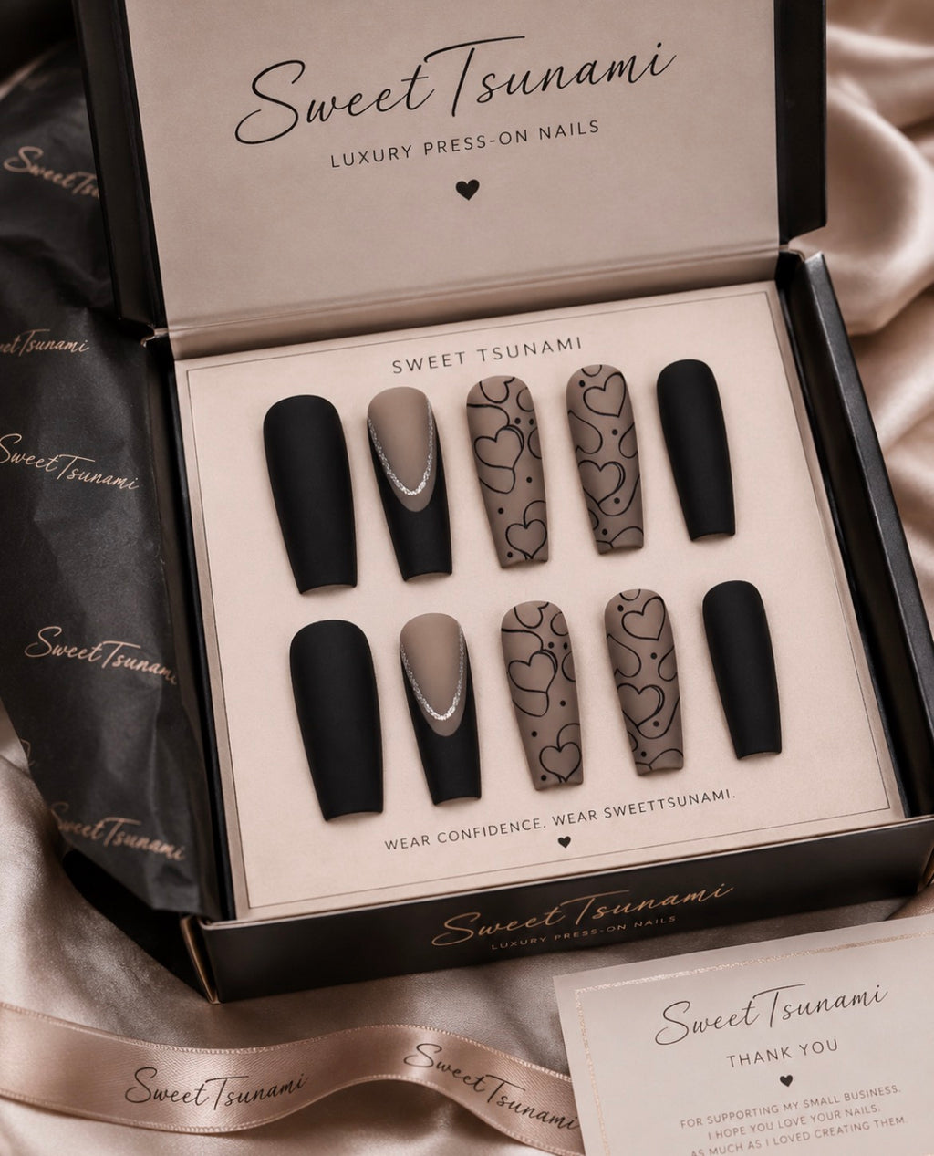 Black On Matte Heart Press-On Nails | Black & Taupe Luxury Coffin Nails