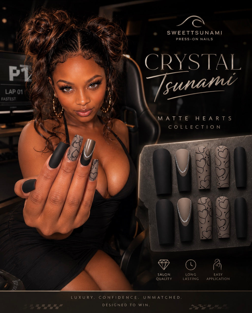 Black On Matte Heart Press-On Nails | Black & Taupe Luxury Coffin Nails