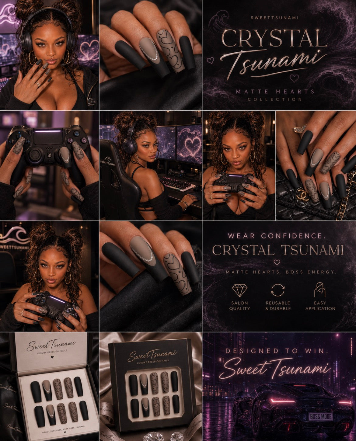 Black On Matte Heart Press-On Nails | Black & Taupe Luxury Coffin Nails