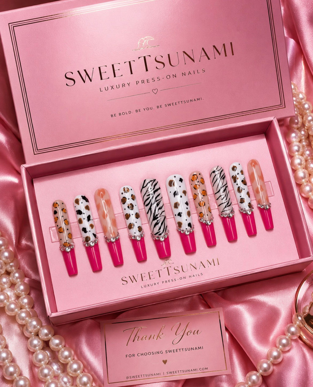 Pink Safari Luxury Press-On Nails | Hot Pink Leopard Zebra Rhinestone Coffin Nails