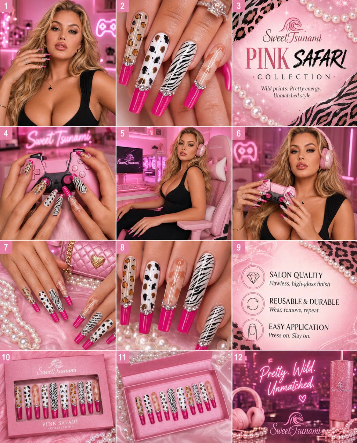 Pink Safari Luxury Press-On Nails | Hot Pink Leopard Zebra Rhinestone Coffin Nails