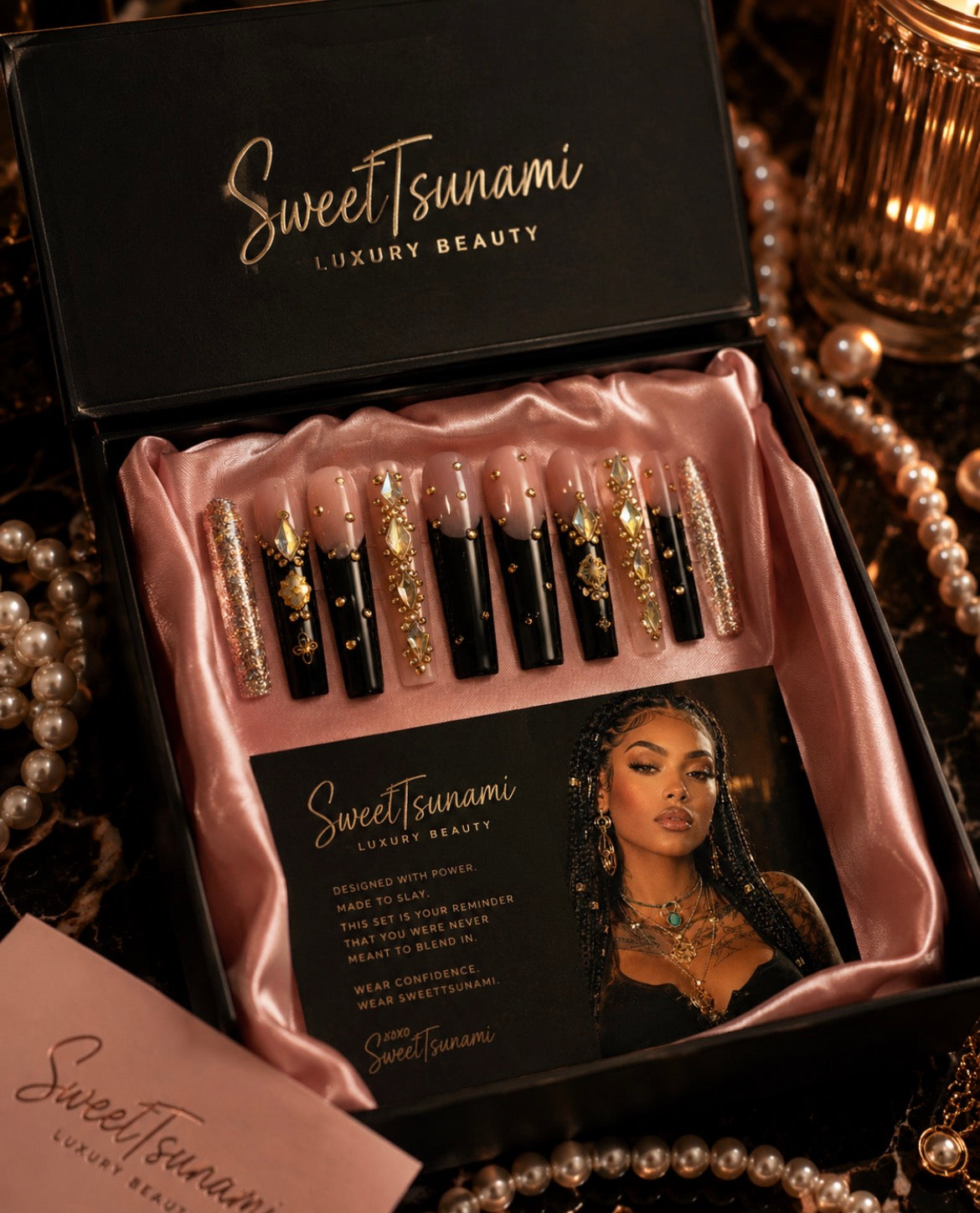 Champagne Noir Luxury Press-On Nails | Black Nude Gold Rhinestone Coffin Nails