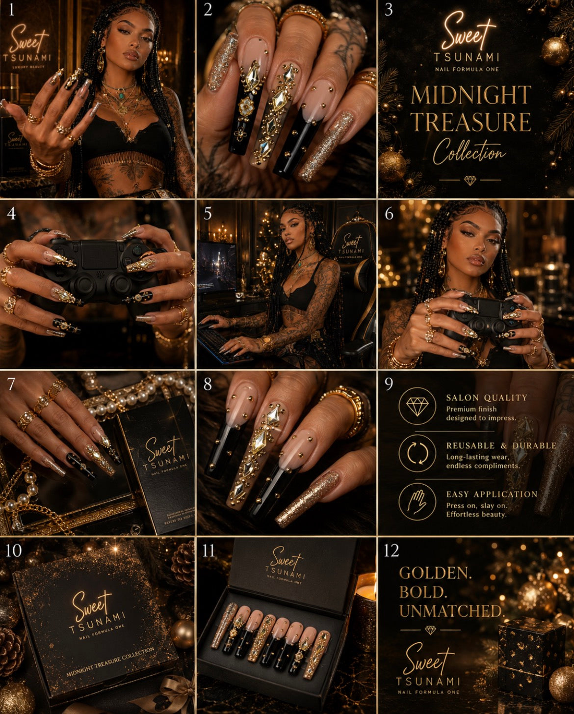 Champagne Noir Luxury Press-On Nails | Black Nude Gold Rhinestone Coffin Nails