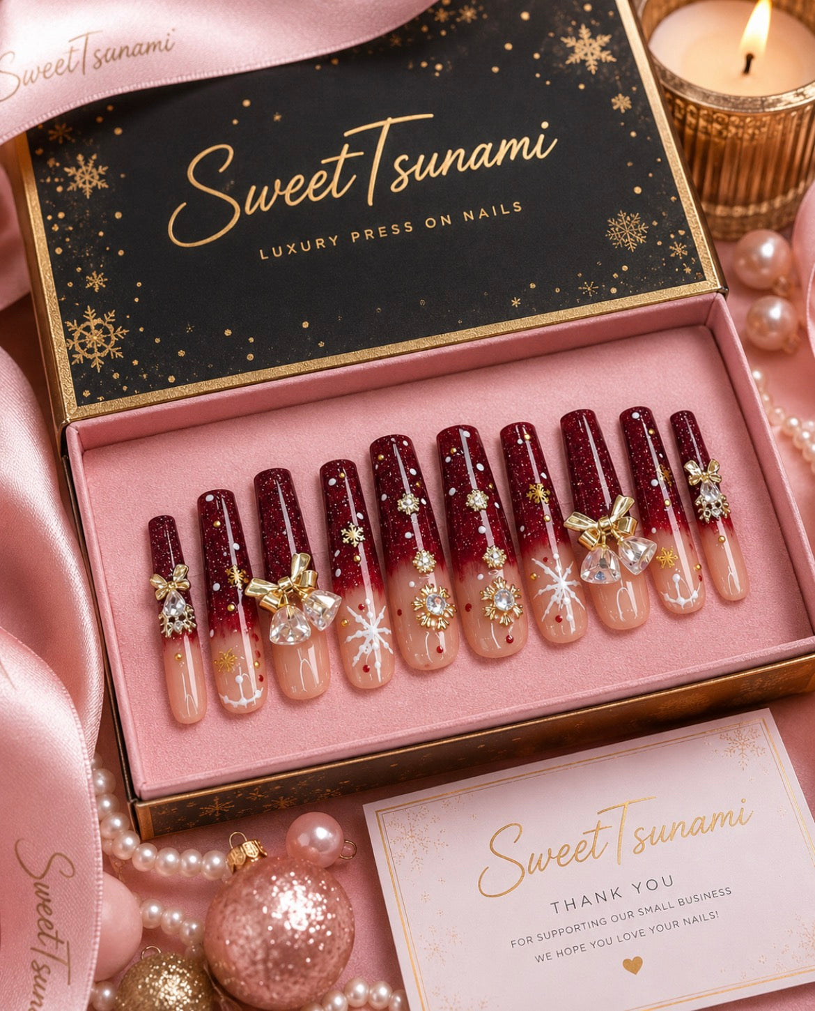 Crimson Snowfall Luxury Press-On Nails