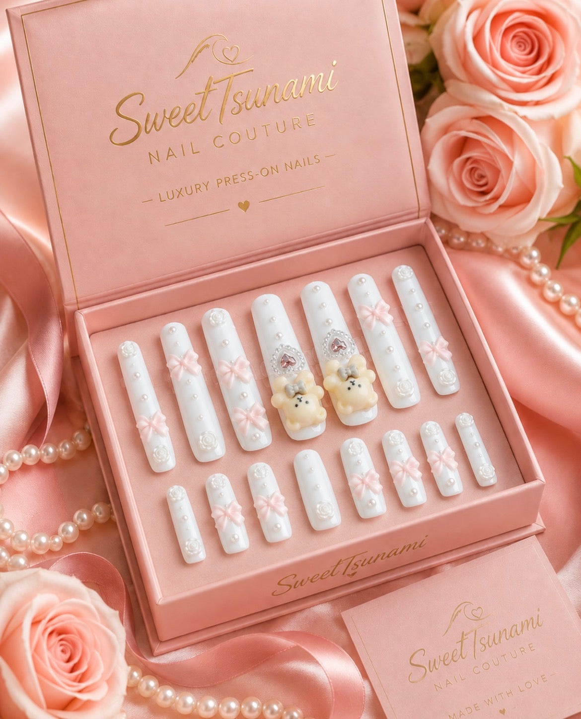 Teddy Bow Bliss Luxury Press-On Nails | White Coquette 3D Teddy Bear Bow Nails