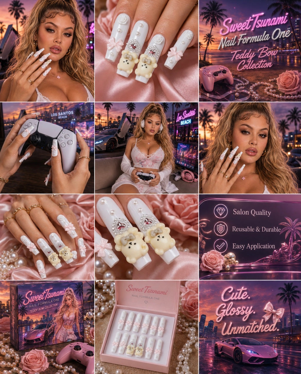Teddy Bow Bliss Luxury Press-On Nails | White Coquette 3D Teddy Bear Bow Nails