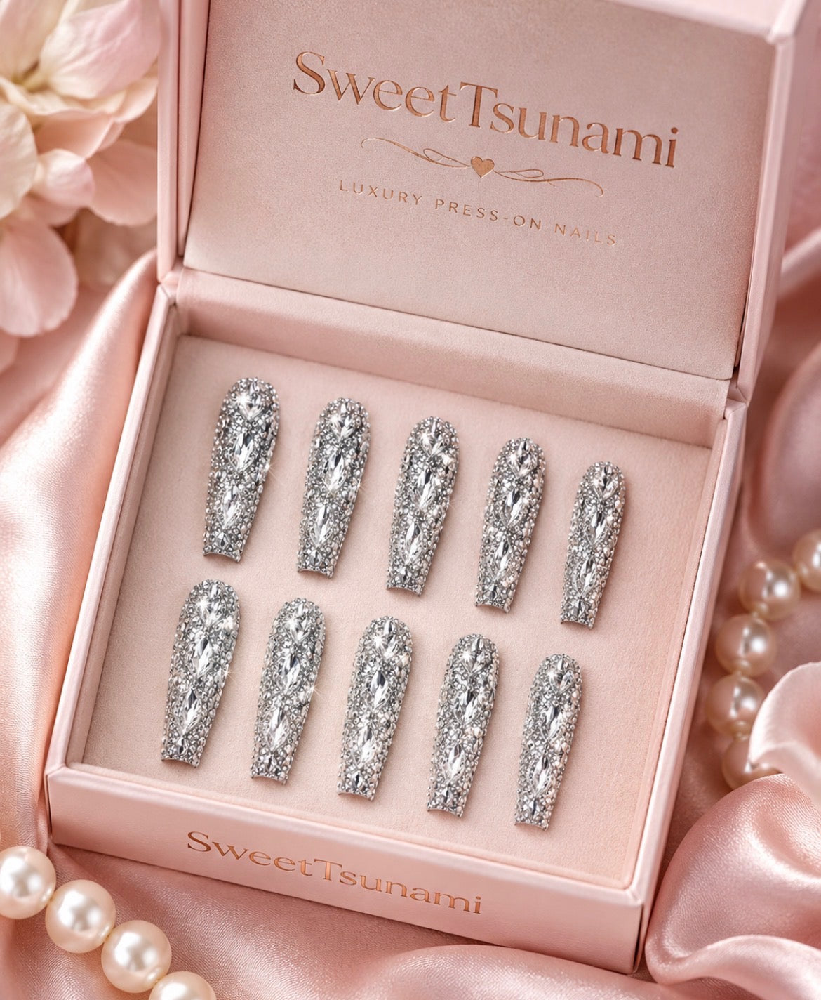 Diamond Tsunami Luxury Press-On Nails | Silver Rhinestone Crystal Glam Nails
