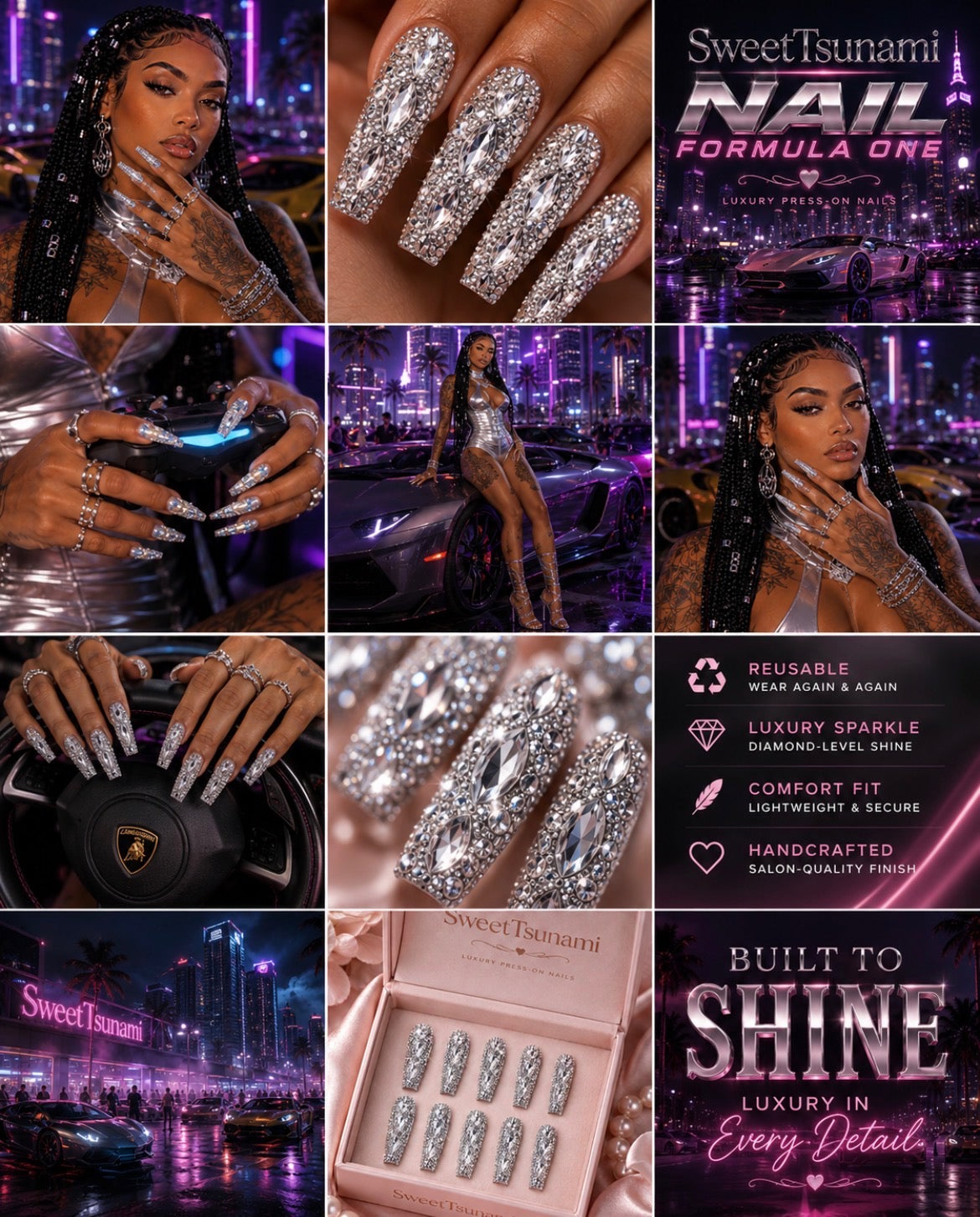 Diamond Tsunami Luxury Press-On Nails | Silver Rhinestone Crystal Glam Nails